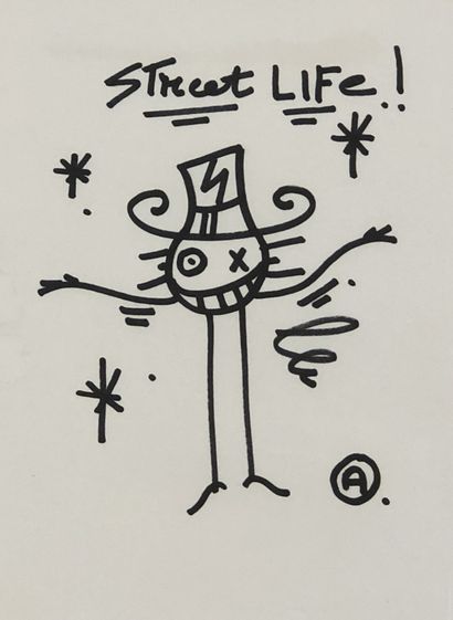 null ANDRE."街头生活"（2011年）。黑色毛笔画，右下角有签名，装在一个白色美式木盒下。画面尺寸：58 x 48 cm；主题：31.5 x 23 c...