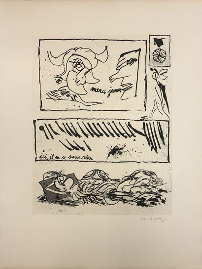 ALECHINSKY (Pierre). "这里什么都没有发生"（1964年）。BFK de Rives上印有黑色蚀刻画，用铅笔签名。限量89份，尺寸：65,5...