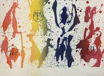 ALECHINSKY (Pierre). "天秤座"（1966年）。溅在胶印锌上，彩色的，直接在锌上用胶片画，黑色的。为"Pierre Alechinsky, Appel,...