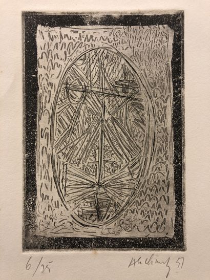 ALECHINSKY (Pierre). 无题（1951年）。黑色蚀刻版画，印在厚纸上，6/35，有日期，背面有专用的，用铅笔签名。支架尺寸：32,5 x 25...