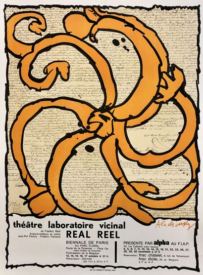 ALECHINSKY (Pierre). 海报（1971年）。"真真切切的剧院实验室的代名词"。石版画和古手稿的摹本。橙色变体。P., Impr. Clot, Bramsen...