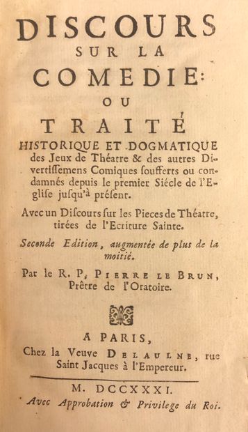 null Théâtre.- LE BRUN (Pierre). Discours sur la Comédie ou Traité historique et...