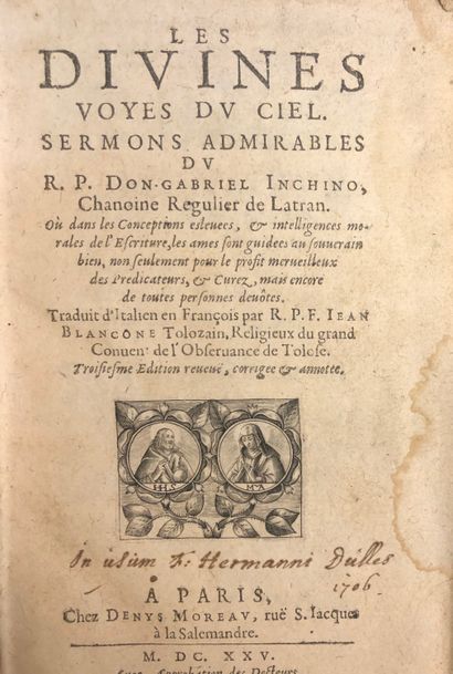 null GUSSAULT（住持）。父亲对子女的建议。在巴黎，并在布鲁塞尔出售，让-伦纳德，1697年，在32，[10]-247-1 bl.-37-[3]页，当时的全牛皮纸。来自Nordkirschen图书馆（前图书馆）.../INCHINO（Gabriel）.天的神灵先知。精彩的讲道。译自意大利文[.]。巴黎，Denys...