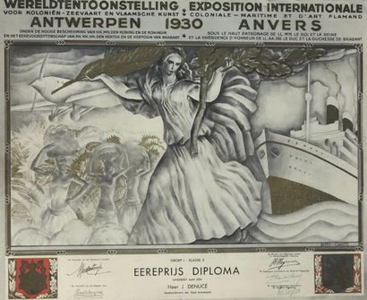 ANTO-CARTE. "国际--殖民--海事和佛兰芒艺术展"（1930年）。毕业证书上印有Anto-Carte的美丽大作，并以金箔装饰。板装在镀金木框下。画框：62...