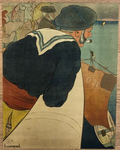 EVENEPOEL (Henri). "老水手"（约1890年）。彩色光刻。限量50份，中号，主题尺寸：59,5 x 46 cm（右边缘有细微切口，细微雀斑）。
