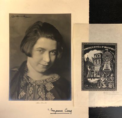 ALBAN (Aram). "莫里斯-布罗卡斯的肖像"。时代的银质印刷品，右下角有签名，装裱在蜂窝纸上。照片下的签名：de Brocas女士。支架和主体的尺寸：22,5...