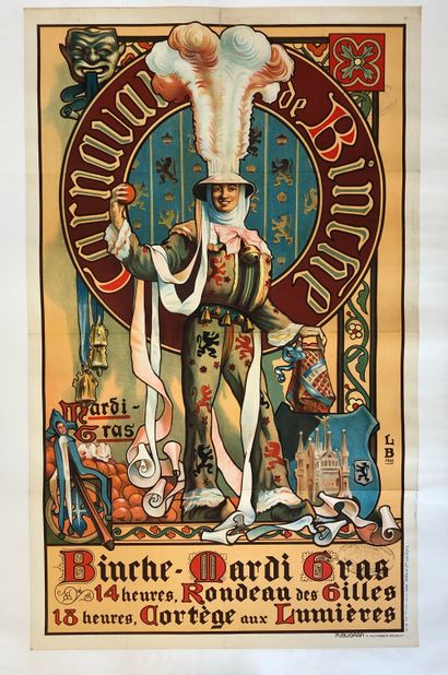 BUISSERET (Louis). "宾什的狂欢节"（1910年）。彩色石版画，画布。支架和主题尺寸：100 x 61 cm (右边缘有细微污渍)。