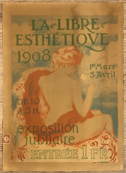 LEMMEN (Georges). "La Libre Esthétique"（1908年）。彩色石版画，裱在纸板上，盖有财政印章。支架和主体尺寸：66 x 4...