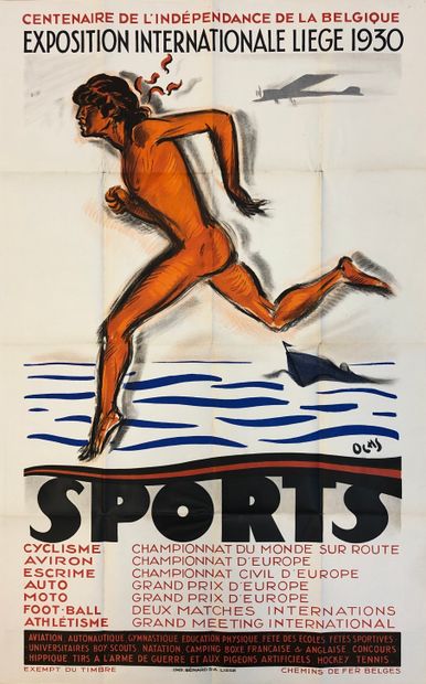 OCHS (Jacques). "体育"（1930年）。1930年为列日国际展览会制作的彩色版画。Liège, Impr. Bénard, 1930, size...