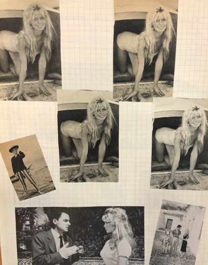 BARDOT.- 4本螺旋装订的笔记本的重逢，里面有500多页布丽吉特-芭铎从各种杂志和报纸上拍摄的照片，全部粘在一起（20世纪60年代）。在这套特殊的作品中，...