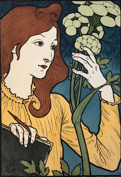 GRASSET (Eugène). "Salon des Cent"（1894年）；彩色石版画，由其右侧边缘贴合在坚固的纸张上。出版商的印章（巴黎的G. de Malherbe），印有21号。尺寸...