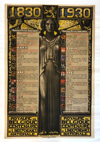 COLLON (Jean-Roch). "1830-1930.比利时王国：国家独立一百周年"（1930年）。彩色石版画，画布。支架及主题尺寸：99 x 67厘米...