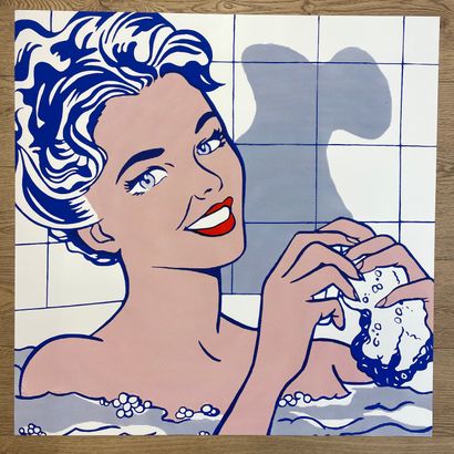 LICHTENSTEIN (Roy). "洗澡的女人"（1963年）。解释型彩色绢画，印在坚固的纸上。支架和主题的尺寸：91 x 91厘米。