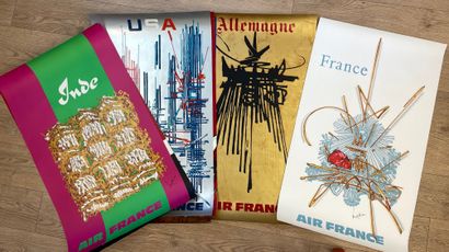 MATHIEU (Georges). "法国航空公司"（1967年）。由9张原始海报组成的套房，以四种颜色印刷。尺寸：(9 x) 100 x 60 cm (QQ空间有折叠痕迹)。1967年为法航公司制作的海报。包括："德国"、"法国"、"英国"、"希腊"、"埃及"、"印度"、"意大利"、"苏联...