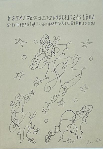 MILO (Jean). "组成"（1947年）。纸上水墨，右下角有日期和签名，装在白色垫子和木框中。画框尺寸：42 x 32厘米；主题：26,5 x 18,5...