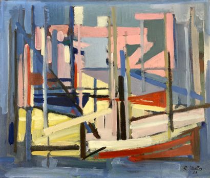 MELS (René). "Barques（尼斯）"（1953年）。布面油画，位于右下角，有日期和签名。尺寸：支持和主题：50 x 60厘米。René Mels...