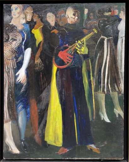 SALKIN (Emile). "戴黄手套和红手套的吉他手"（约1967-1968）。油画，右下角有签名，装在一个美国木箱里。背面印有Emile Salkin工作室的印章。画框尺寸：84...