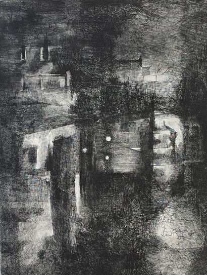 CARCAN (René). 无题》（1964年）。黑色石板画，印在B.F.K de Rives上，有标题，只是7/89，有签名。支架尺寸：65.5 x 50.5厘米；主题：41...