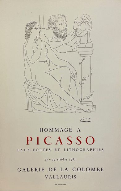 PICASSO (d'après Pablo). 海报（1961年）。黑色石版画，印在毛边纸上，为瓦劳里的科隆贝画廊组织的向毕加索致敬而作。尺寸：50 x 32,5...