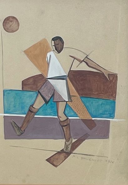 BAUGNIET (Marcel-Louis). "足球运动员"（1926）。纸上水粉和墨水，右下角有日期和签名，装在垫子和白色木框中。画框尺寸：45 x 36.5厘米；主题：28.5...