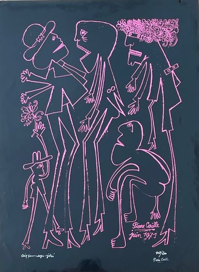 CAILLE (Pierre). "五个不安分的人物"（1971年）。黑色光面纸上的粉色石版画，标题为：108/200，并有白色毡笔签名。支持物和主题的尺寸：65...