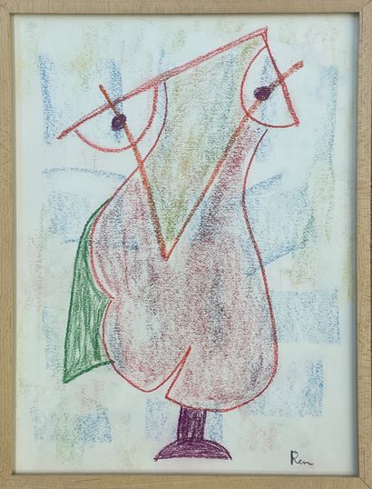 REM (Raymond Coninck, dit). "组成"。纸上粉笔画，右下角有签名，装在木框里。框架尺寸：37 x 28,5厘米；主题：35 x 26厘...