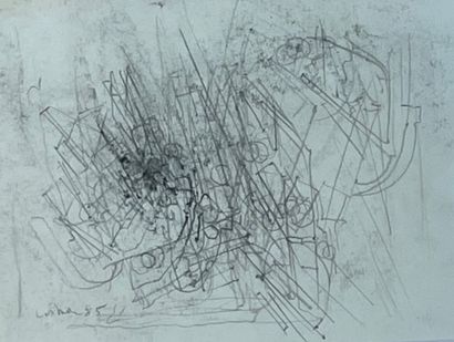 LISMONDE (Jules). "组成"（1985）。铅笔画，左下角有日期和签名，装在一个白色的木框里。画框尺寸：44 x 49.5厘米。
