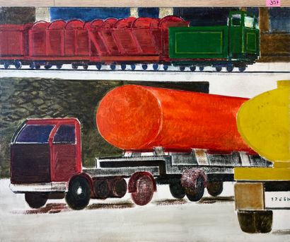 SALKIN (Emile). "Camion et train de marchandises" (1973). Huile sur toile, datée...