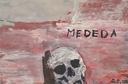 null OPHUIS（罗纳德）。"Mededa"（2007）。纸上油画和拼贴画，右下角有日期和签名，装在黑色木框中。框架尺寸：19,5 x 23厘米；主题：10...