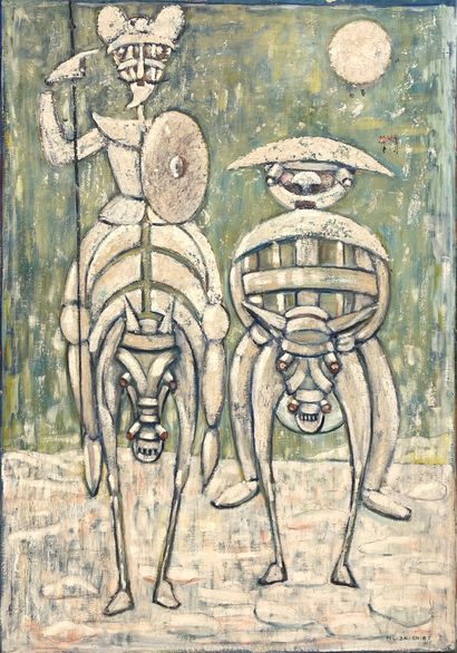 BAUGNIET (Marcel-Louis). "堂吉诃德和桑丘-潘沙"（1965）。布面油画，右下角有日期和签名。支撑物和主题的尺寸：116 x 81厘米（...