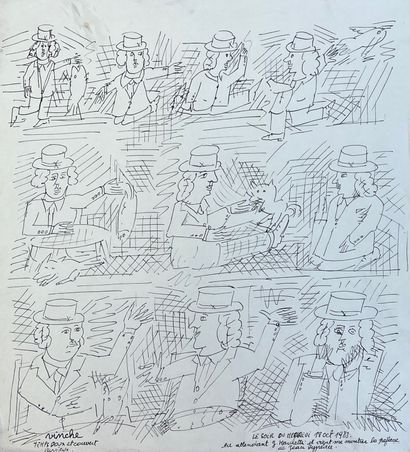 VINCHE (Lionel). "等待马尔凯蒂"（1982）。纸上水墨，右下角有标题、日期和签名。支持物和主题的尺寸：35.5 x 32厘米。以前的收藏品托马...