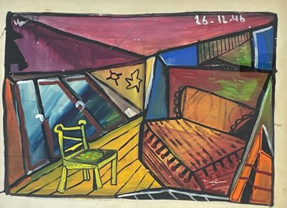 DEMEURE (Youri). "内部"（1946）。纸上水粉画，左上角有日期和签名，装在黑色木框中。画框尺寸：65 x 85厘米；主题：54,5 x 74,...