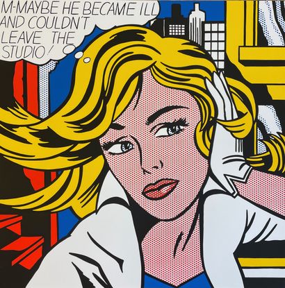 LICHTENSTEIN (Roy). "M-Maybe He Became Ill and Couldn't Leave the Studio" (1967).印在厚纸上的彩色解释性绢印画。支架和主题的尺寸：91...