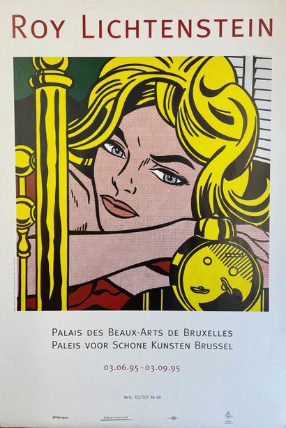 LICHTENSTEIN (Roy). 海报（1995）。大型彩色胶版，为他在布鲁塞尔美术宫的回顾展而制作。支撑物和主题的尺寸：120 x 80厘米（褶皱的痕迹...