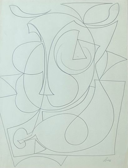 SERVRANCKX (Victor). "组成"（1946）。铅笔画，有日期和铅笔签名，装在一个木框里。画框尺寸：69×51厘米；主题：34.5×26.5厘米...
