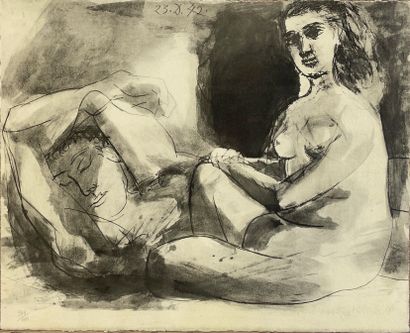 PICASSO (d'après Pablo). "Homme couché et femme assise" (1942). Héliogravure tirée...