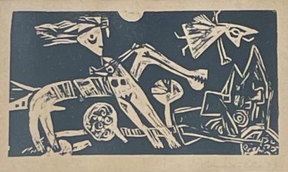 CORNEILLE (C. van Beverloo, dit). "夜行者"（1949）。纸上连环画，用铅笔写上日期和签名，装在黑色垫子和镀金木框下。框架尺寸：36...