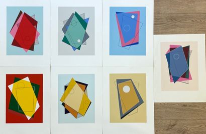 BAUGNIET (Marcel-Louis). "Polyèdres pluriels"（1981）。画册中有7张彩色绢印画，根据M.-L. Baugniet的原始水粉画印制在荷兰牛皮纸上。Brux,...