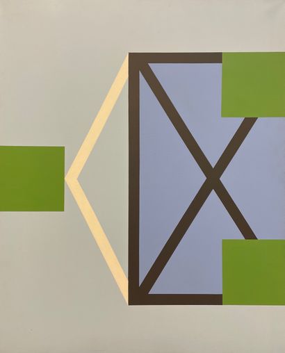 GOFFIN (André). "3个绿方块"（2000）。布面油画，背面有标题、日期和签名，装在一个黑色的美国木箱中。画框尺寸：83.5 x 103.5厘米；主题：80...