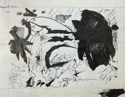 CLAUS (Hugo). "构成"（1964年）。纸上水墨，左上角有日期和签名。支架和主题的尺寸：21.5 x 27.5厘米。