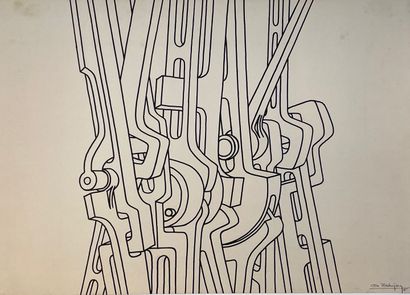 null DEKEIJSER (André)."构成"（1975）。纸上水墨，右下角有日期和签名，装在一个白色的passe-partout下面。尺寸：50 x 70厘米；主题：40...