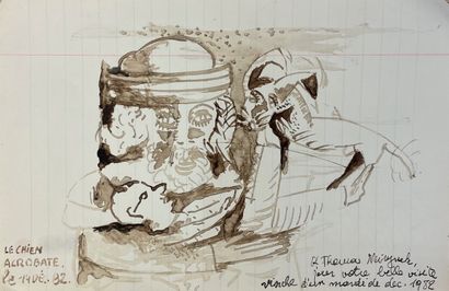 VINCHE (Lionel). "杂技狗"（1982）。纸上棕色墨水，有标题、日期和签名。支架和主题的尺寸：14 x 20,7 cm。