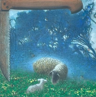 DE TAEYE (Camille). "夏天的草地"（1991年）。布面油画，右上角有日期和签名，装在面板上，装在一个木框里。框架尺寸：49.8 x 49.8厘米；主题：36...