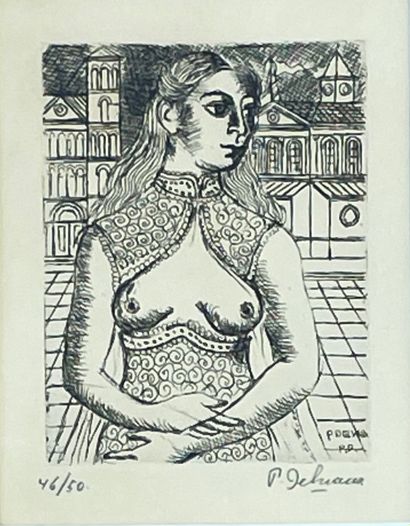 DELVAUX (Paul). "Buste de femme II"（1960）。在Arches牛皮纸上的黑色蚀刻画，仅有46/50，用铅笔签名，装在垫子和灰色铝框下。框架尺寸：35,5...