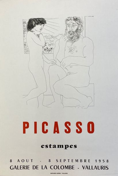 PICASSO (d'après Pablo). 海报（1958年）。黑色石版画，印在编织纸上，为他在瓦劳里的拉科隆贝画廊举办的版画展而作。支架和主题的尺寸：65...