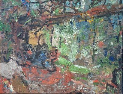 GAILLIARD (Jean-Jacques). "康布尔河谷的木桥"（1950年）。油画，背面有标题和会签，右下角有日期和签名，装在一个镀金的木框里。画框尺寸：37...