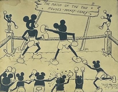 null HUFKENS（托尼）。"The Match of The Two Mouses - Mickey - Uckey" (1932)。纸上水墨，右下角有...