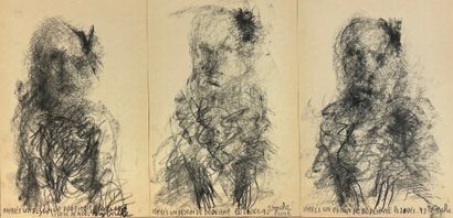 VINCHE (Lionel). "来自多德涅的画作"（1993）。3幅炭笔画的会议，有日期和签名。昏暗。支持和主题。(3 x) 30 x 20 厘米。