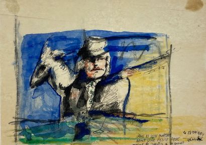 VINCHE (Lionel). "驴子和他的主人摆出一个小姿势"（1984年）。描图纸上的水彩和墨水，粘贴在纸上，右下角有标题、日期和签名。支架尺寸：20 x...