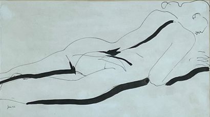 COX (Jan). "裸体"（1942）。纸上水墨，左下角有日期和签名，装在布垫和镀金木框下。画框尺寸：30 x 38.5厘米；主题：18.5 x 32厘米。